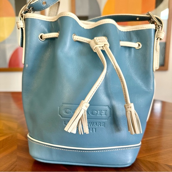 COACH blue & white leather mini drawstring bucket crossbody shoulder bag - Picture 6 of 8